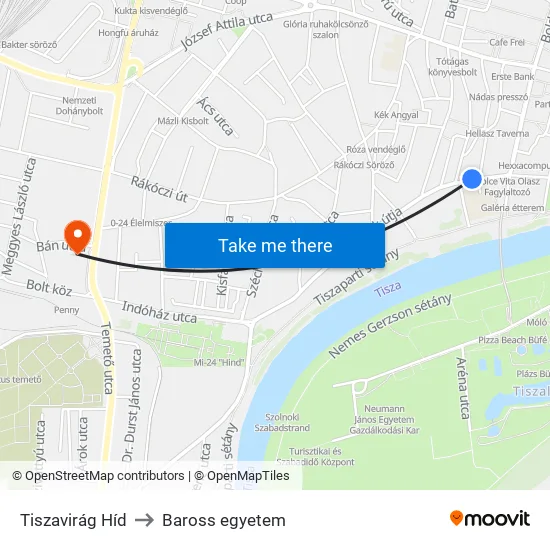 Tiszavirág Híd to Baross egyetem map
