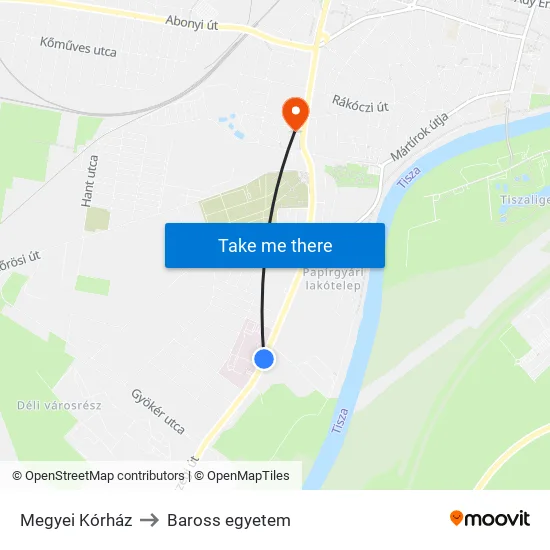 Megyei Kórház to Baross egyetem map