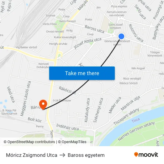 Móricz Zsigmond Utca to Baross egyetem map