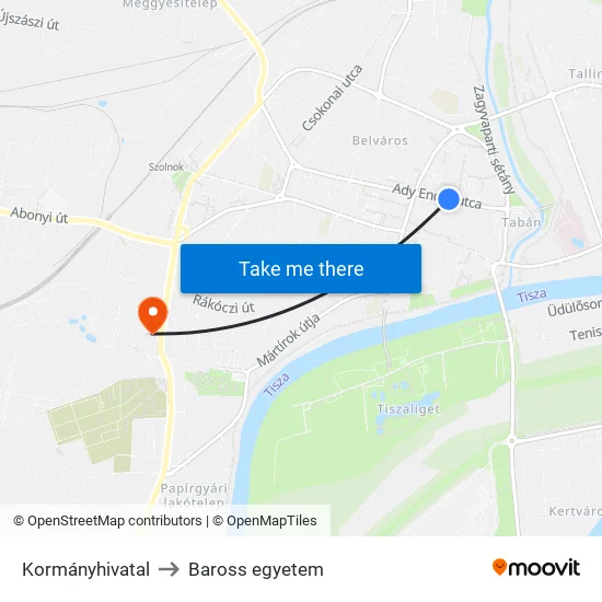 Kormányhivatal to Baross egyetem map