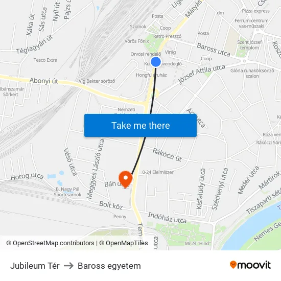Jubileum Tér to Baross egyetem map