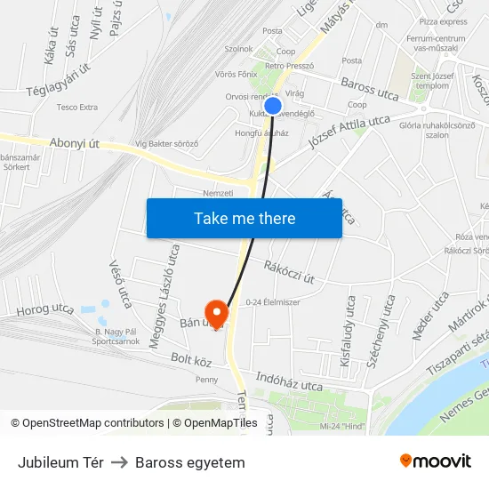 Jubileum Tér to Baross egyetem map