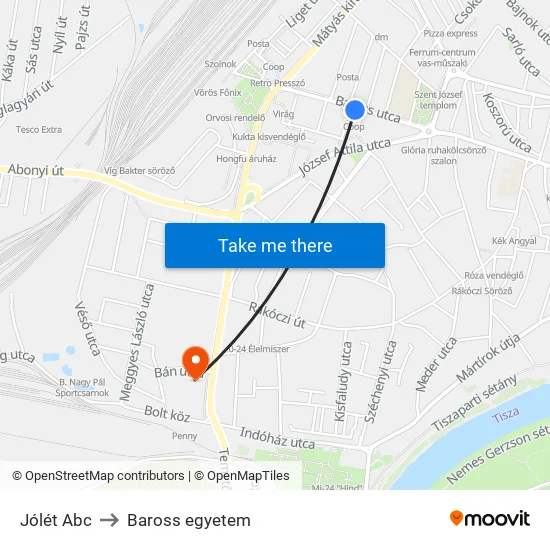 Jólét Abc to Baross egyetem map