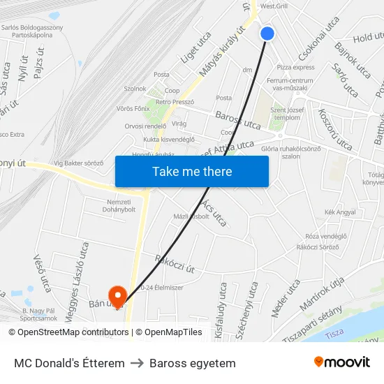 MC Donald's Étterem to Baross egyetem map