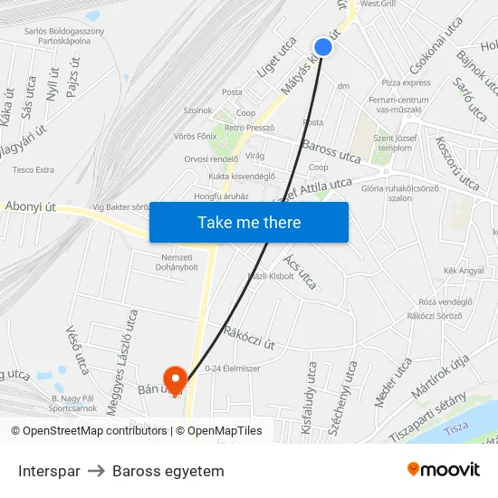 Interspar to Baross egyetem map