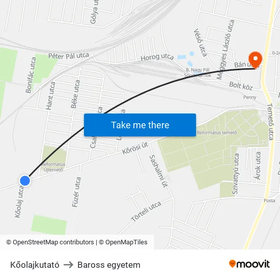 Kőolajkutató to Baross egyetem map