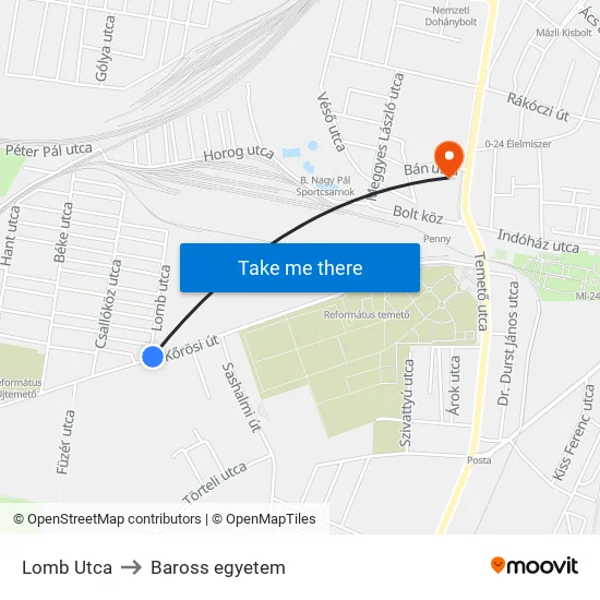 Lomb Utca to Baross egyetem map