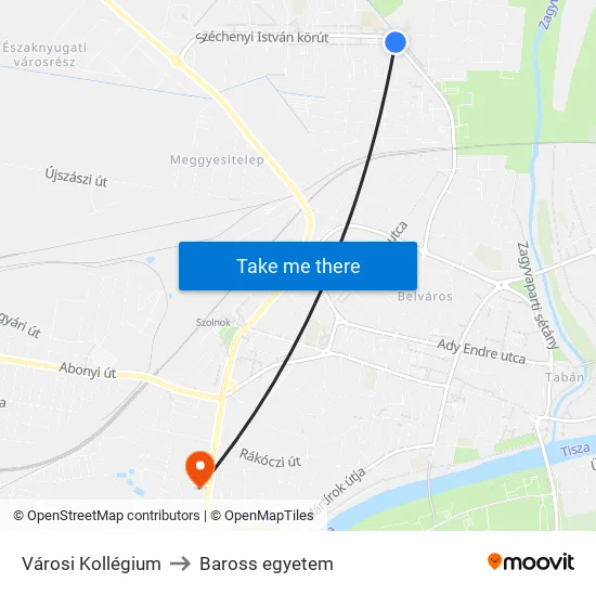 Városi Kollégium to Baross egyetem map