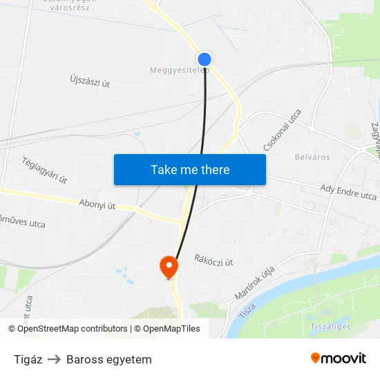 Tigáz to Baross egyetem map