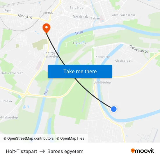 Holt-Tiszapart to Baross egyetem map