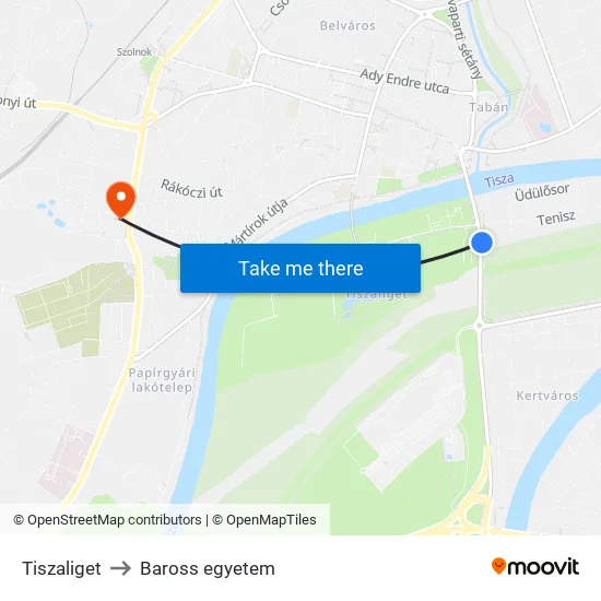 Tiszaliget to Baross egyetem map