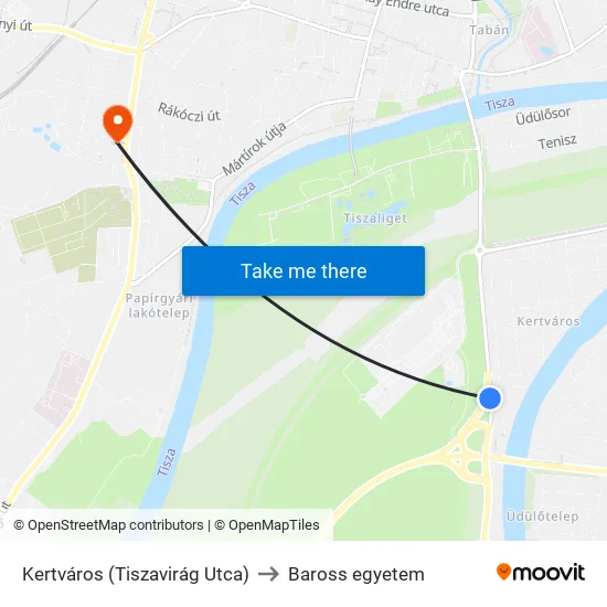 Kertváros (Tiszavirág Utca) to Baross egyetem map