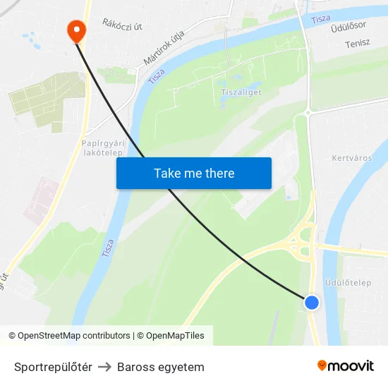 Sportrepülőtér to Baross egyetem map