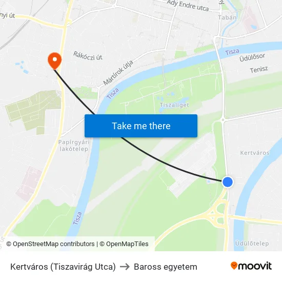 Kertváros (Tiszavirág Utca) to Baross egyetem map