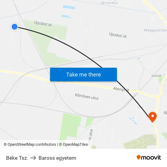 Béke Tsz. to Baross egyetem map