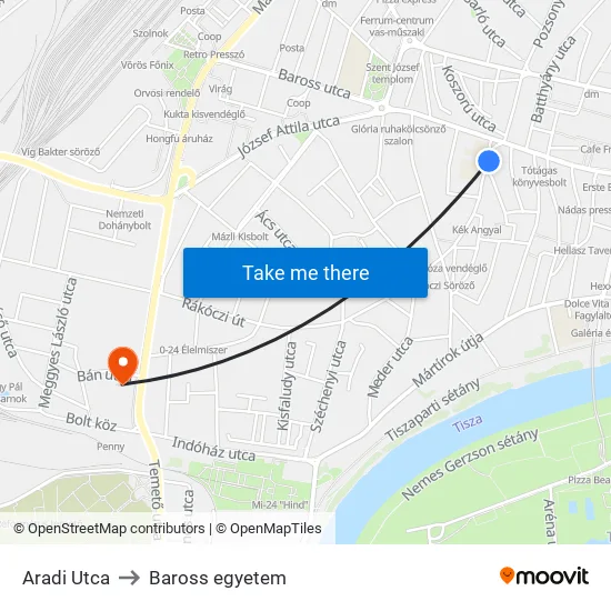 Aradi Utca to Baross egyetem map