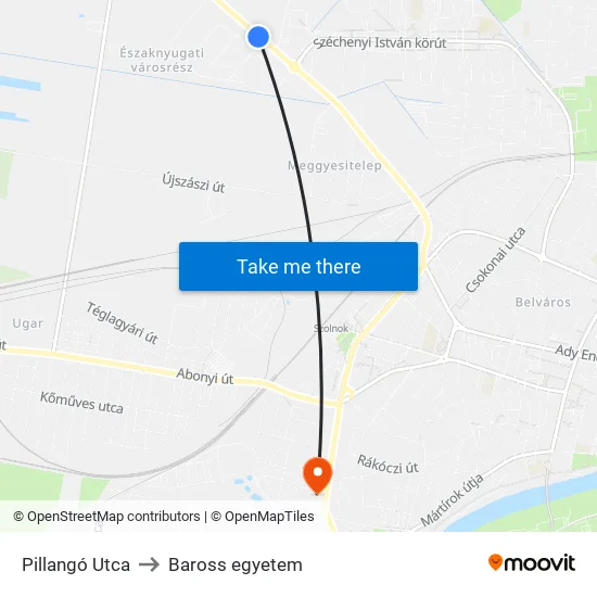 Pillangó Utca to Baross egyetem map