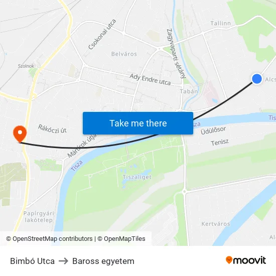 Bimbó Utca to Baross egyetem map