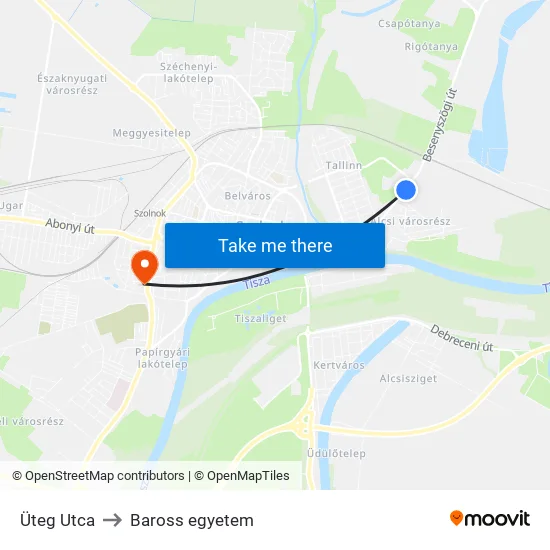 Üteg Utca to Baross egyetem map