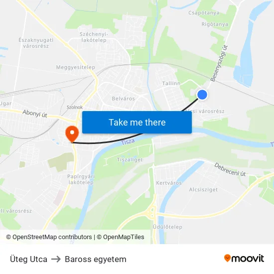 Üteg Utca to Baross egyetem map