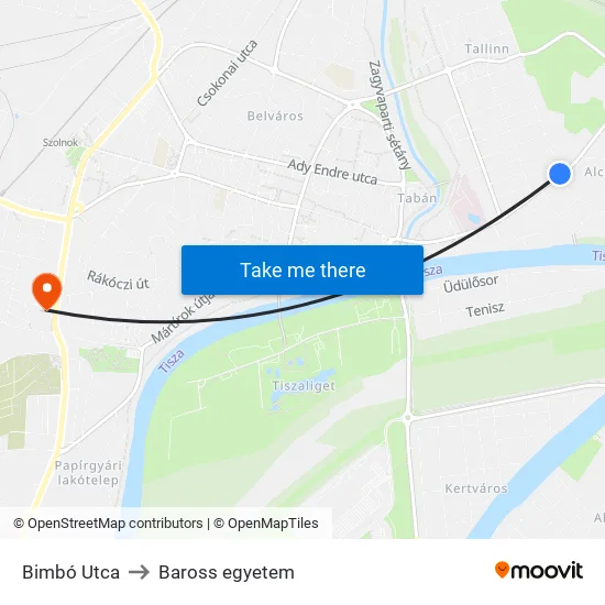 Bimbó Utca to Baross egyetem map
