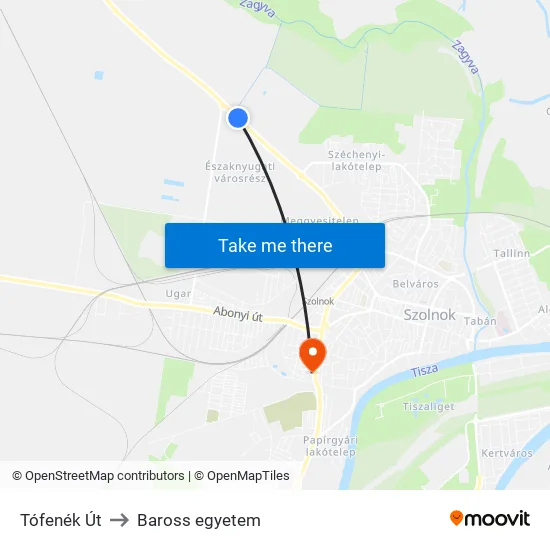 Tófenék Út to Baross egyetem map