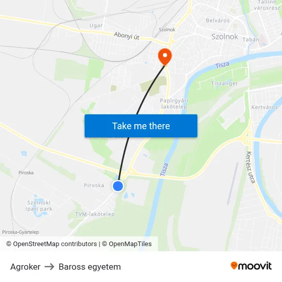Agroker to Baross egyetem map