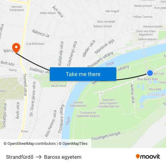 Strandfürdő to Baross egyetem map