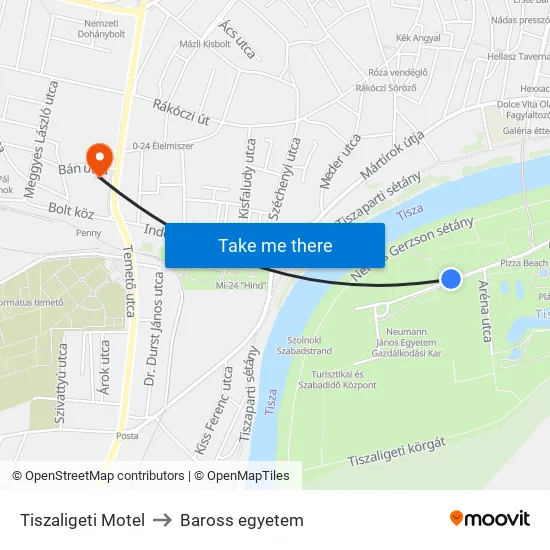 Tiszaligeti Motel to Baross egyetem map