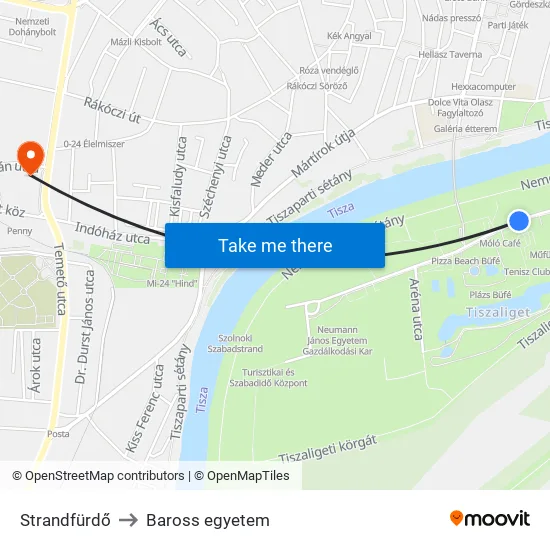 Strandfürdő to Baross egyetem map