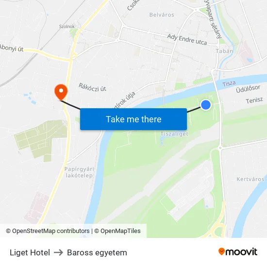Liget Hotel to Baross egyetem map