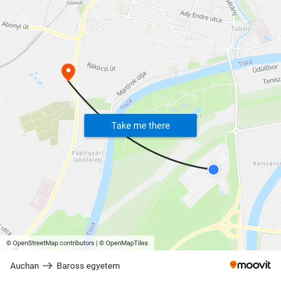 Auchan to Baross egyetem map