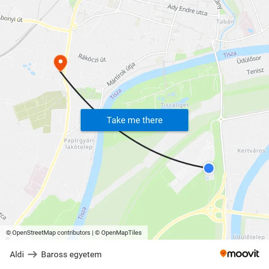 Aldi to Baross egyetem map