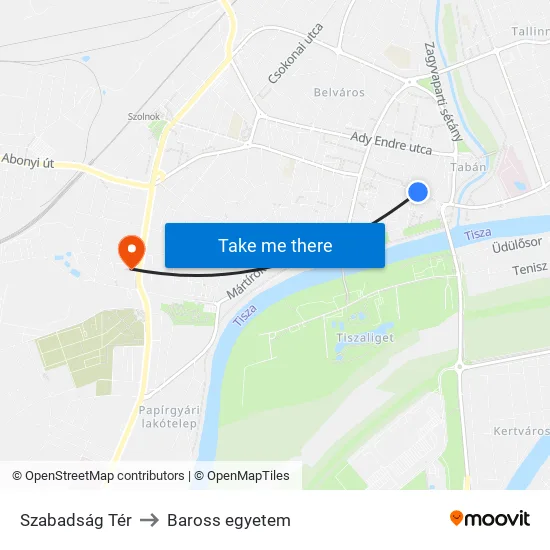 Szabadság Tér to Baross egyetem map