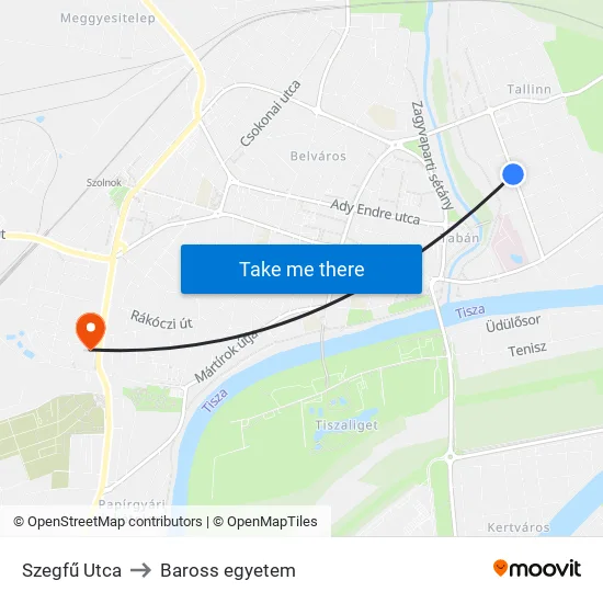 Szegfű Utca to Baross egyetem map