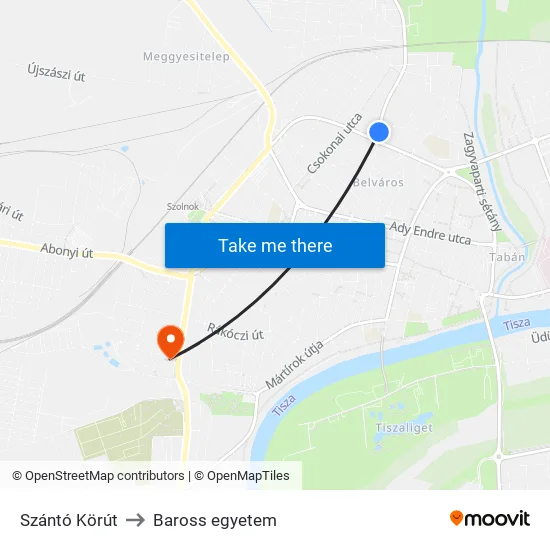Szántó Körút to Baross egyetem map