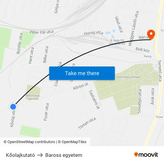 Kőolajkutató to Baross egyetem map
