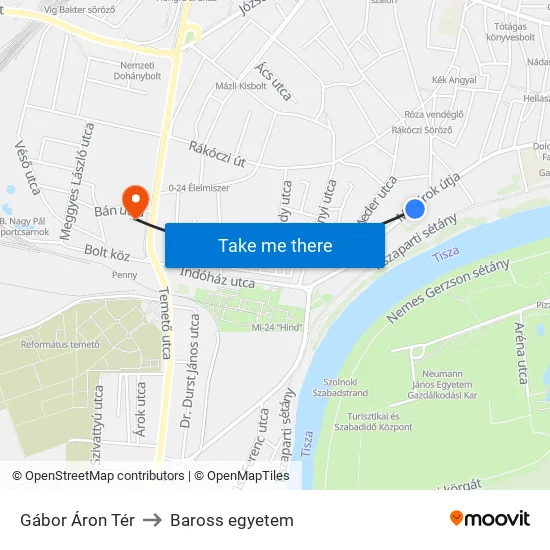 Gábor Áron Tér to Baross egyetem map