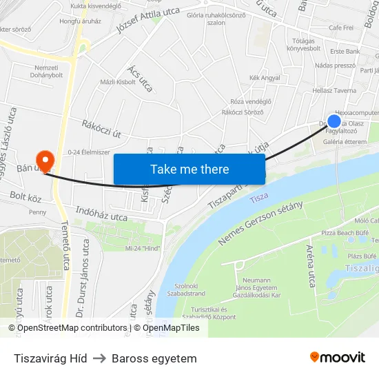 Tiszavirág Híd to Baross egyetem map