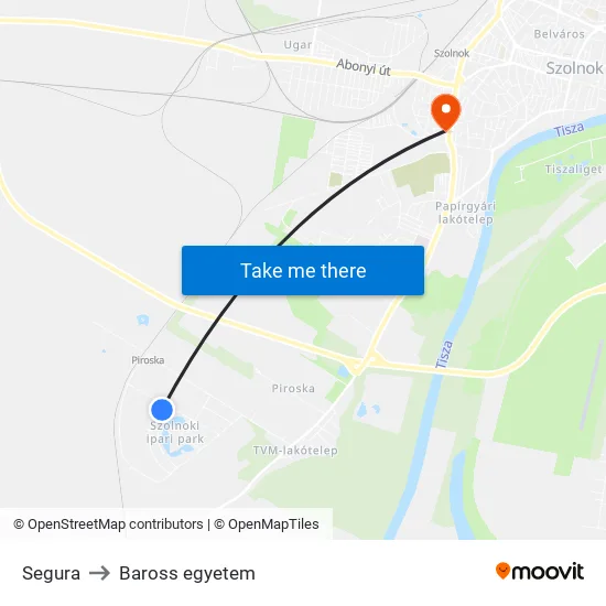 Segura to Baross egyetem map