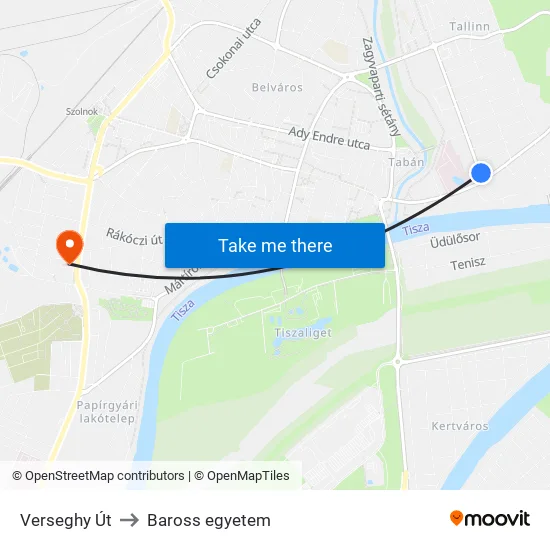 Verseghy Út to Baross egyetem map
