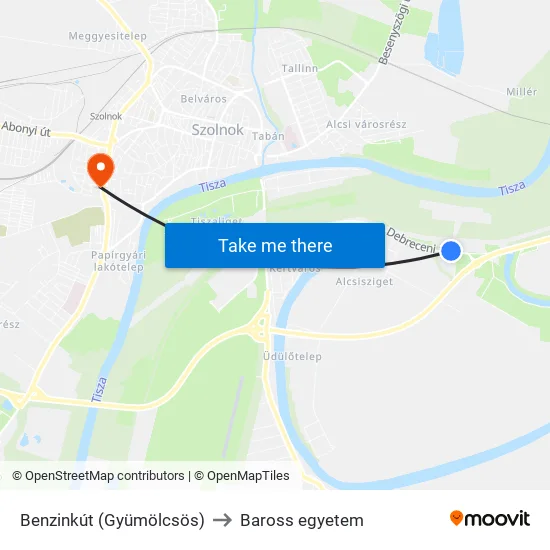 Benzinkút (Gyümölcsös) to Baross egyetem map