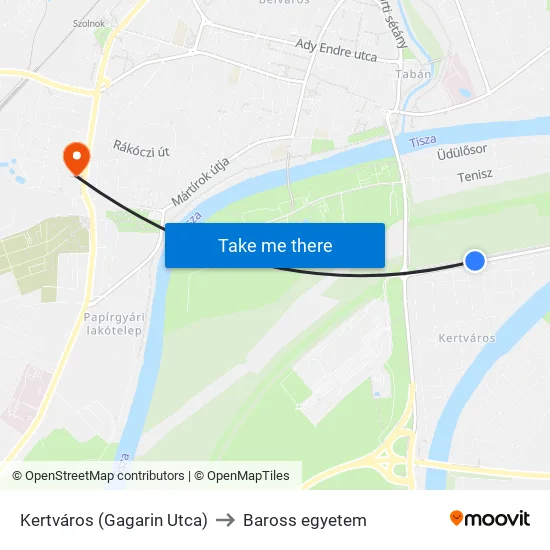 Kertváros (Gagarin Utca) to Baross egyetem map