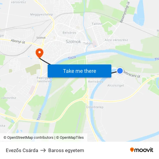 Evezős Csárda to Baross egyetem map