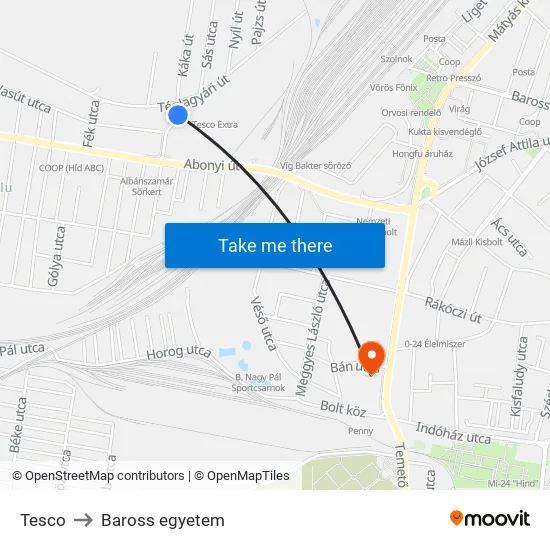Tesco to Baross egyetem map