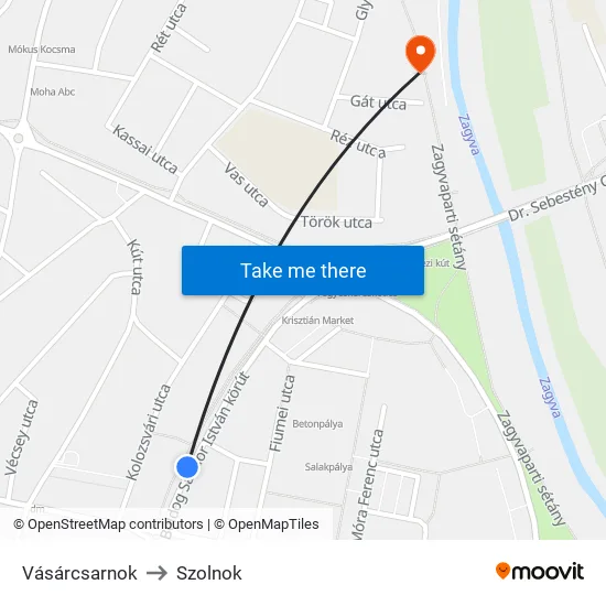 Vásárcsarnok to Szolnok map