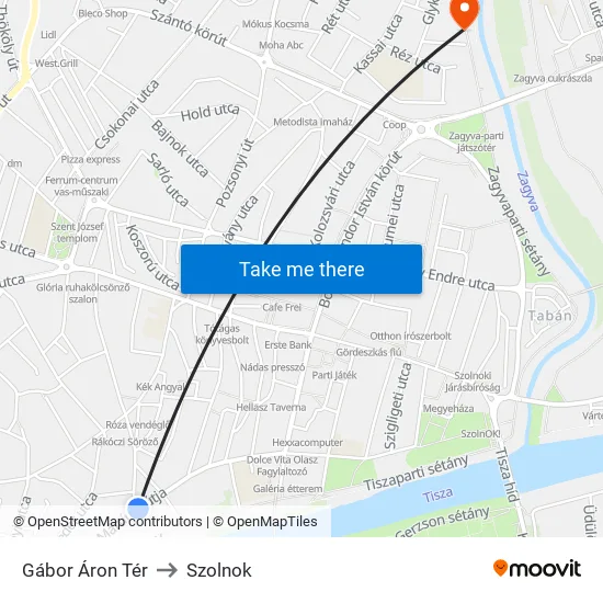 Gábor Áron Tér to Szolnok map