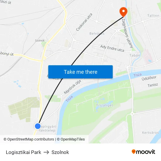 Logisztikai Park to Szolnok map
