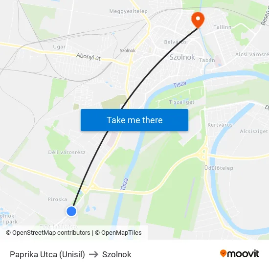 Paprika Utca (Unisil) to Szolnok map