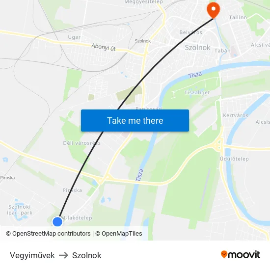 Vegyiművek to Szolnok map